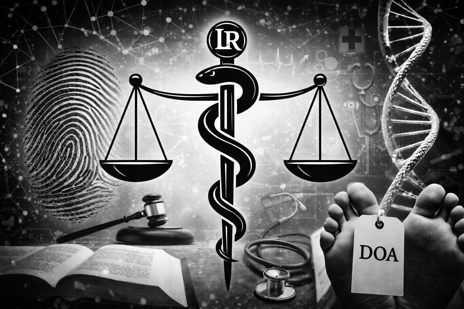 Scales of justice and caduceus over forensic tools — fingerprint, gavel, DNA, and a toe tag