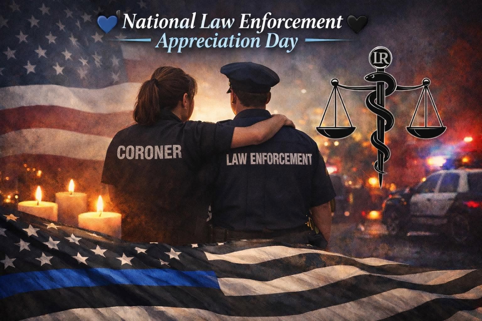 A coroner and a law enforcement officer stand together at a vigil